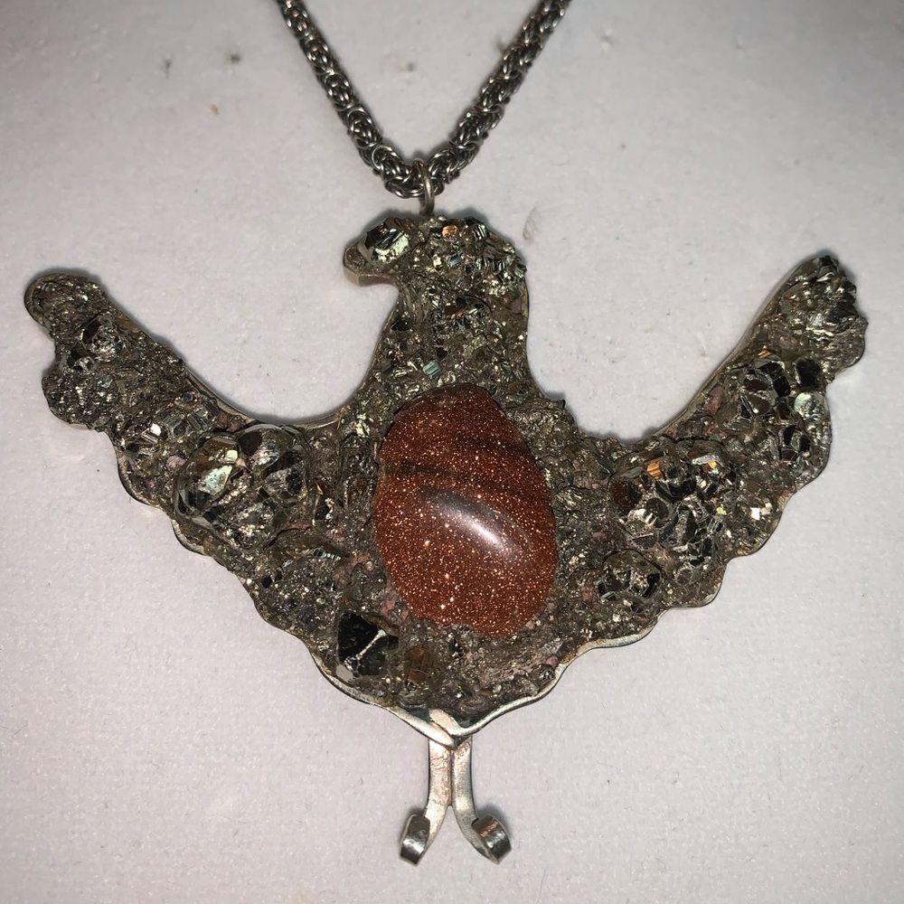 Phoenix Sun stone, Pyrite, German Silver necklace.
